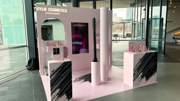 Kylie cosmetic pop-up display with branded joinery elements